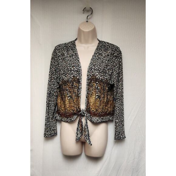 Pleat Pleat By Rafael Leopard Print 3/4 Sleeve Front Tie Crop Blouse Size Large - Picture 2 of 7